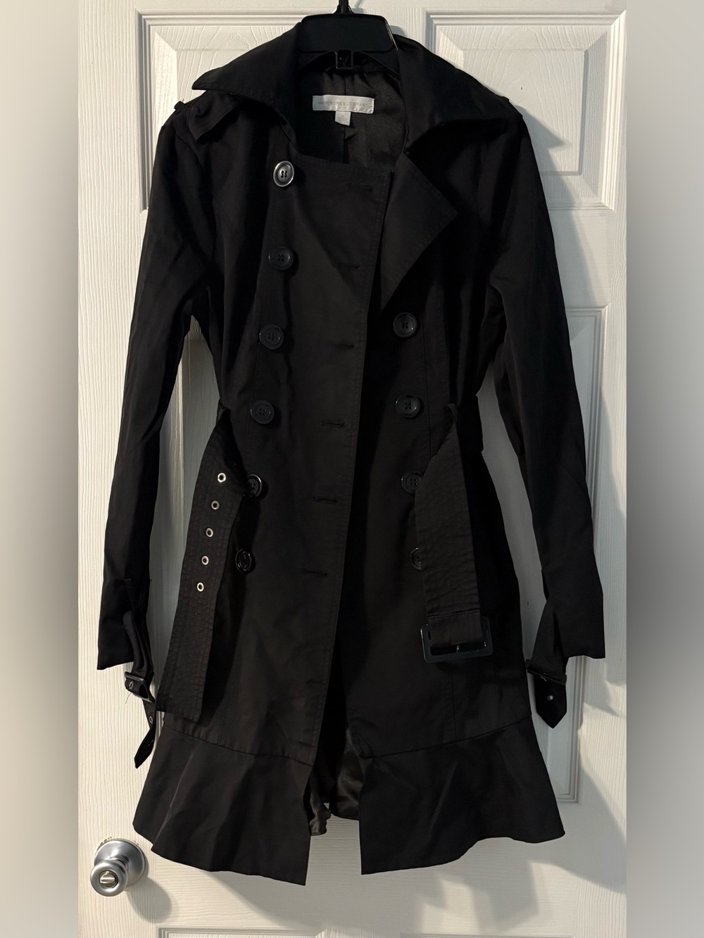 New York & Company Black Double-Breasted Trench with Belt